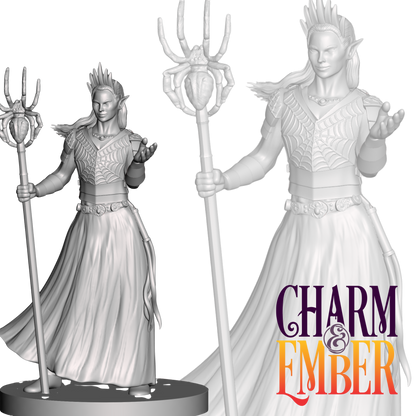 Drow priestess miniature holding a spider-topped staff and wearing ceremonial robes