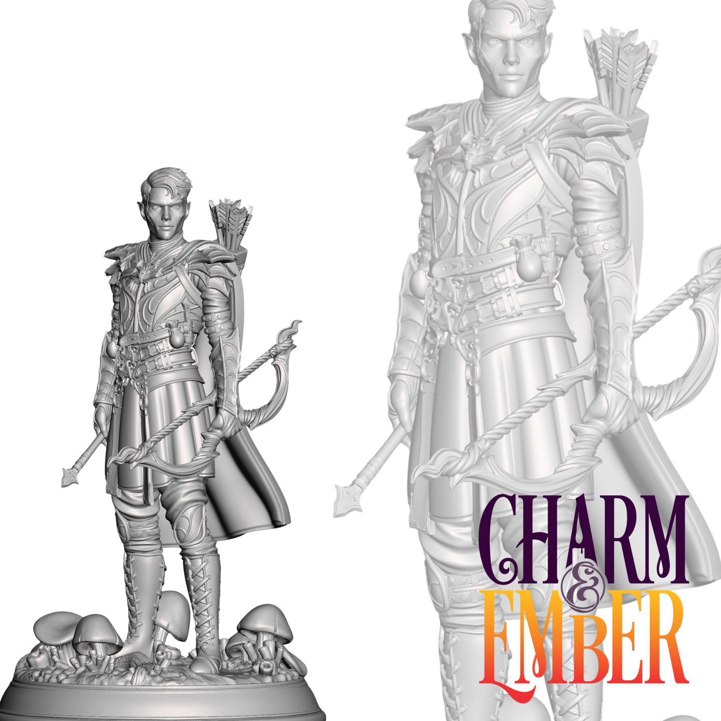 Drow ranger miniature with intricate armor, bow, and mushroom-covered base