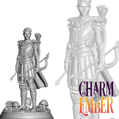 Drow ranger miniature with intricate armor, bow, and mushroom-covered base