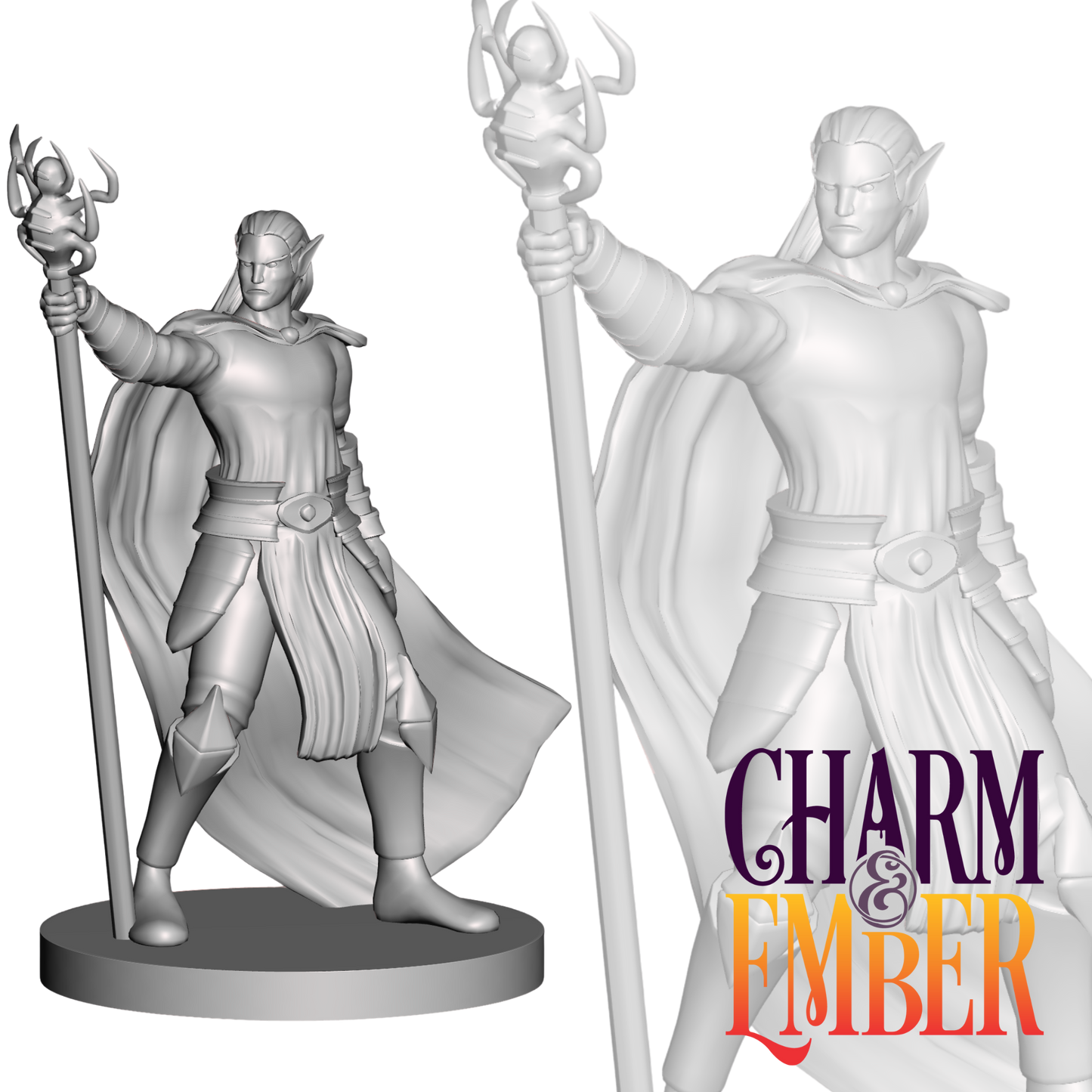 Underdark elf mage posed with an arcane staff, ready to cast dark magic