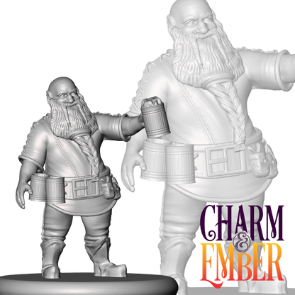 Jolly dwarf tavern keeper holding up a tankard of ale and smiling.