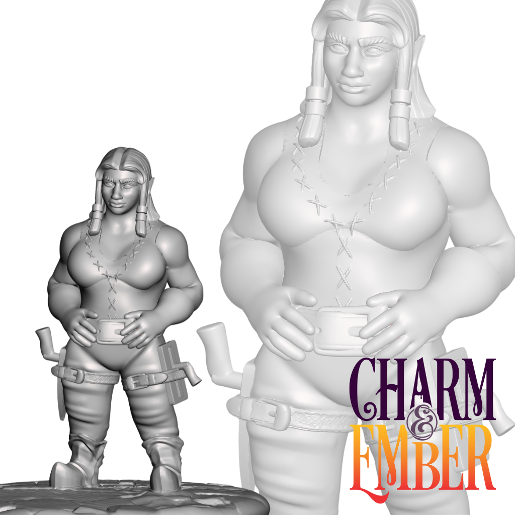Muscular female elf miniature with dual daggers and a confident stance.