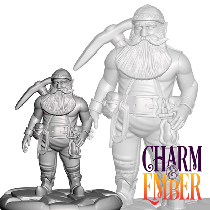 A stout dwarven miner holding a lantern and pickaxe, ready to explore deep tunnels.