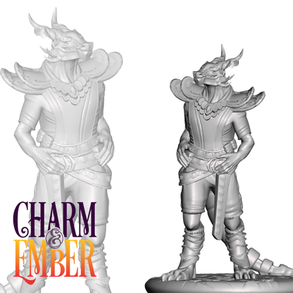 Armored dragonborn enforcer with decorative chestplate and short sword, standing alert.
