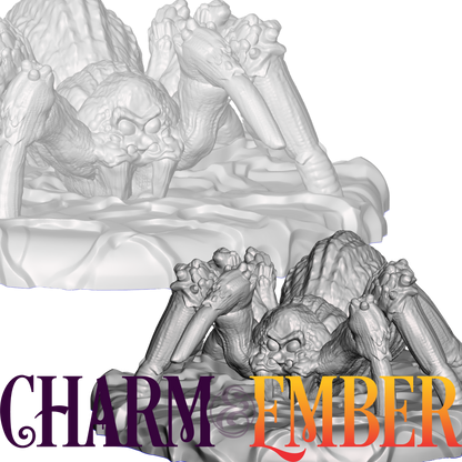 A monstrous spider rears up from the shadows, its fangs dripping venom — ideal for webbed ambushes and dark lair battles