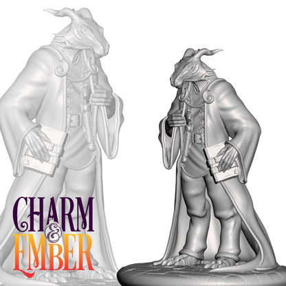 Cloaked dragonborn scholar with a wise pose and mysterious presence.