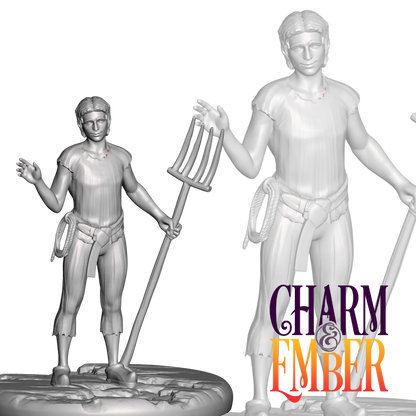 Townfolk miniature posed with rope belt and pitchfork