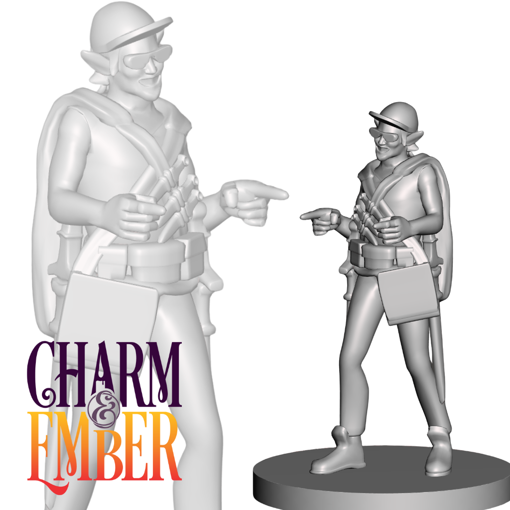 Smirking elf miniature in a satchel and glasses, pointing finger guns.