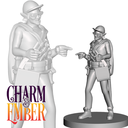 Smirking elf miniature in a satchel and glasses, pointing finger guns.