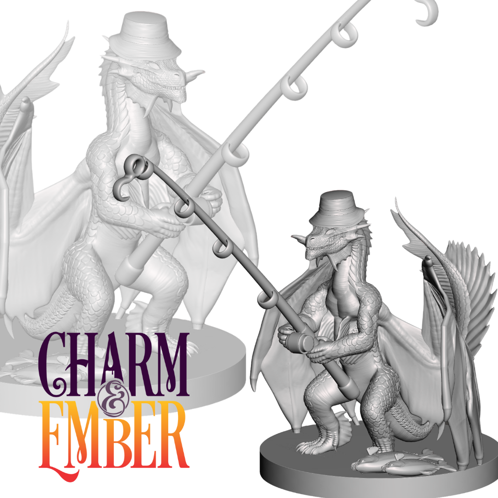 A dragonborn miniature wearing a top hat, holding a fishing pole with fish at its feet