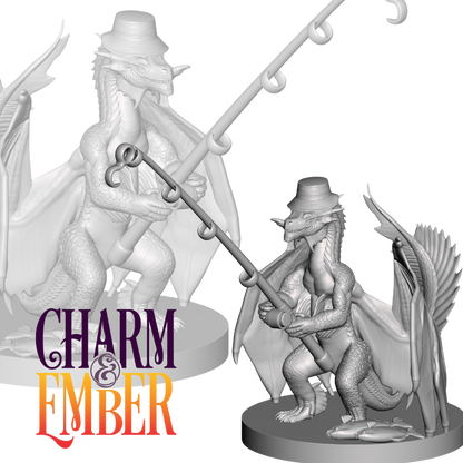 A dragonborn miniature wearing a top hat, holding a fishing pole with fish at its feet