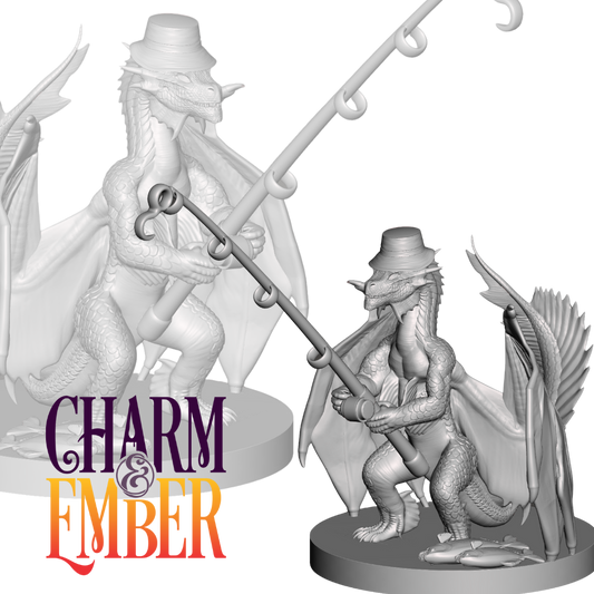 A dragonborn miniature wearing a top hat, holding a fishing pole with fish at its feet