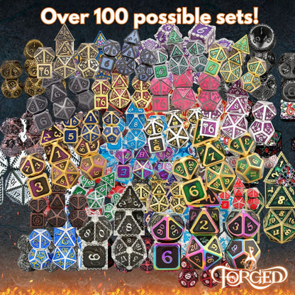 Collection of various dice sets with 'Forged' branding on a dark background