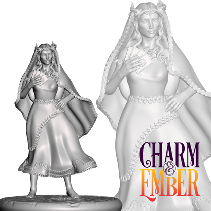 Elven fortune teller miniature holding tarot cards in an elegant village dress