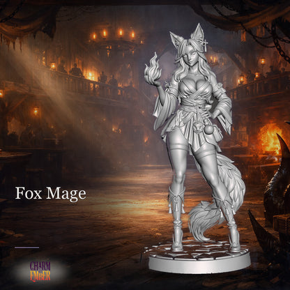 Fox Mage tabletop miniature with fox ears, flowing hair, flame in hand, detailed boots with tassels, UwU Fantasy Miniatures Pack, Charm & Ember