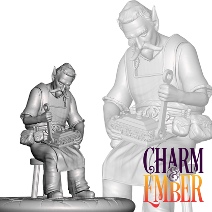 Gnome tinkerer miniature seated with tools and project box.