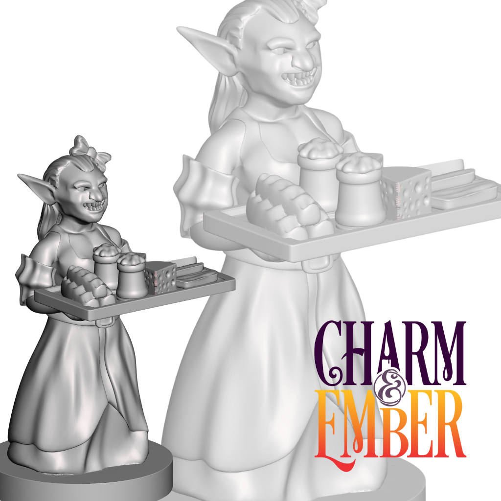 A cheerful goblin in a dress carrying a tray of tavern food and drinks.