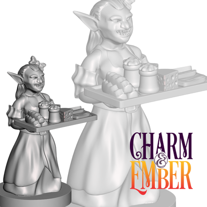 A cheerful goblin in a dress carrying a tray of tavern food and drinks.