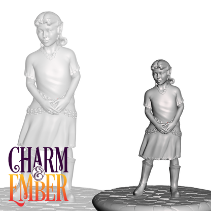 A young half-elf girl wearing a flower crown and a shy smile, posed sweetly on a cobblestone base
