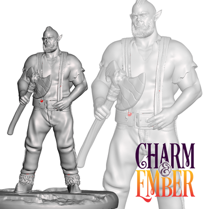 Rugged half-orc lumberjack holding an axe