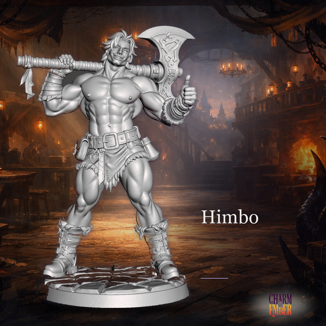 Himbo tabletop miniature with muscular shirtless male figure, large decorated axe resting on shoulder, UwU Fantasy Miniatures Pack, Charm & Ember