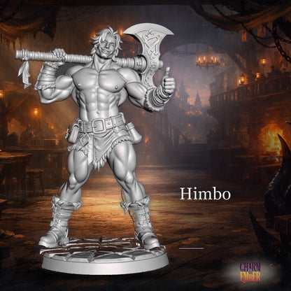 Himbo tabletop miniature with muscular shirtless male figure, large decorated axe resting on shoulder, UwU Fantasy Miniatures Pack, Charm & Ember