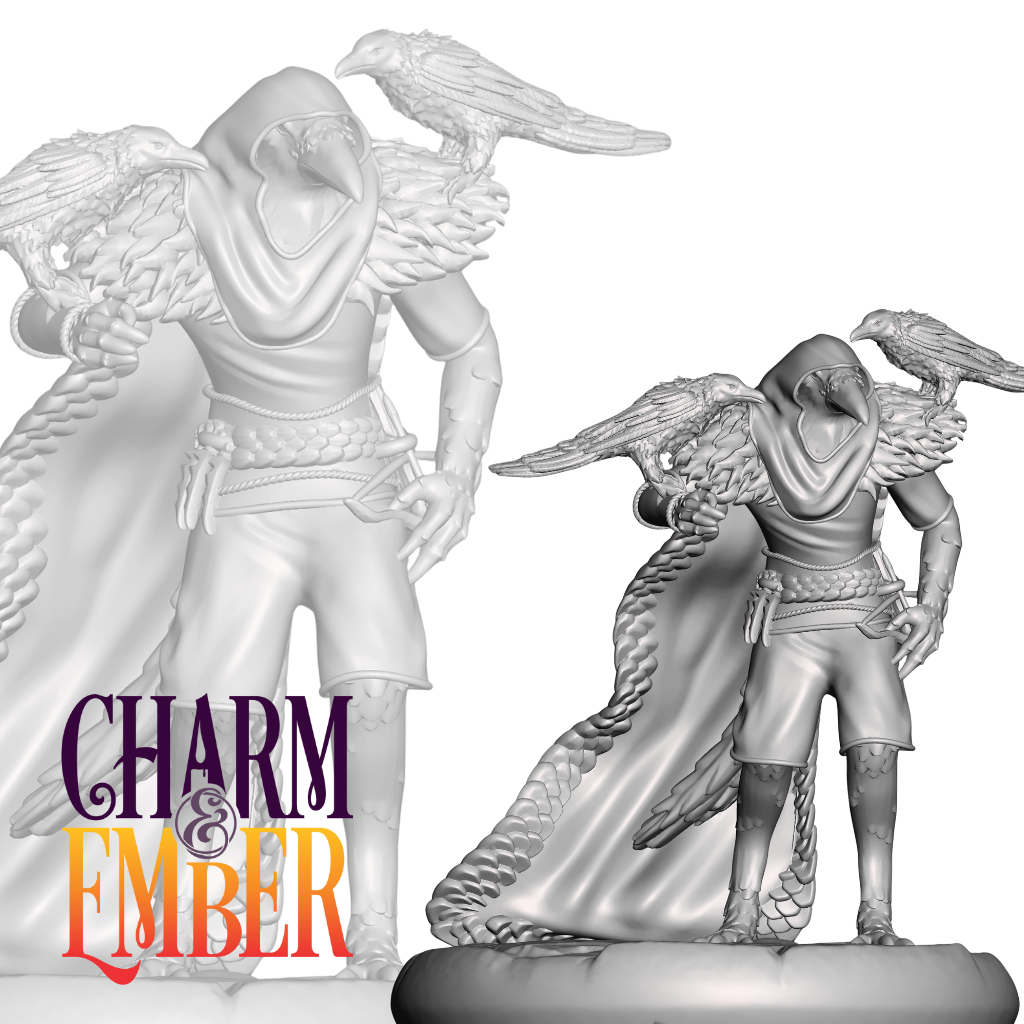 A mysterious kenku cloaked in feathers with two perched ravens.