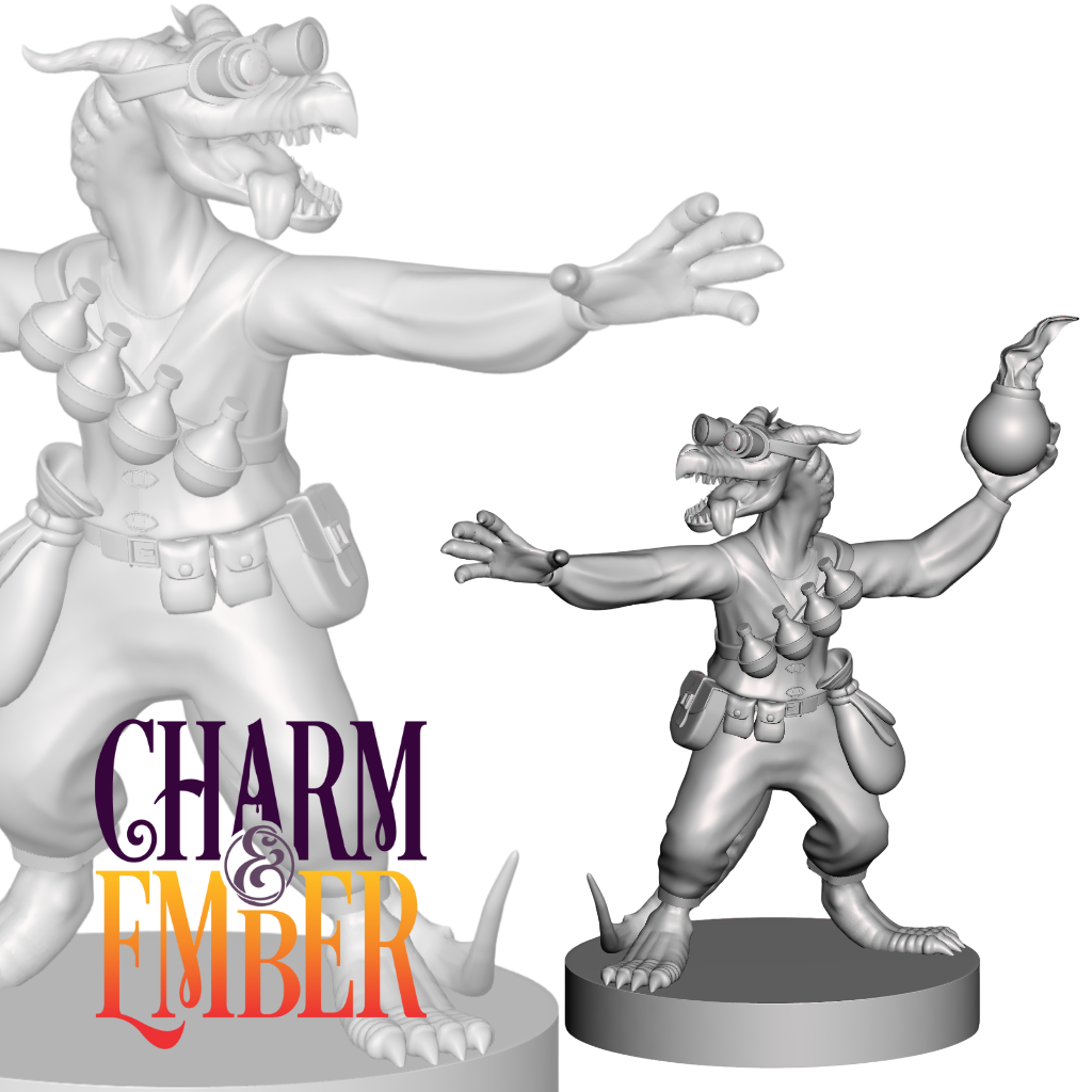 A wild kobold alchemist miniature hurling a flaming potion mid-chaos