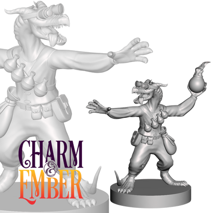 A wild kobold alchemist miniature hurling a flaming potion mid-chaos