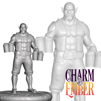 Muscular orc bartender holding six beer mugs