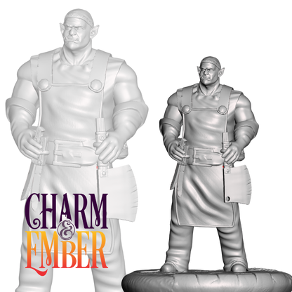 Half-orc townfolk mini with muscular build and grim expression