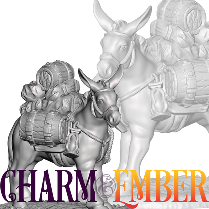 Pack donkey miniature carrying the party’s loot, perfect for caravans and overland adventures