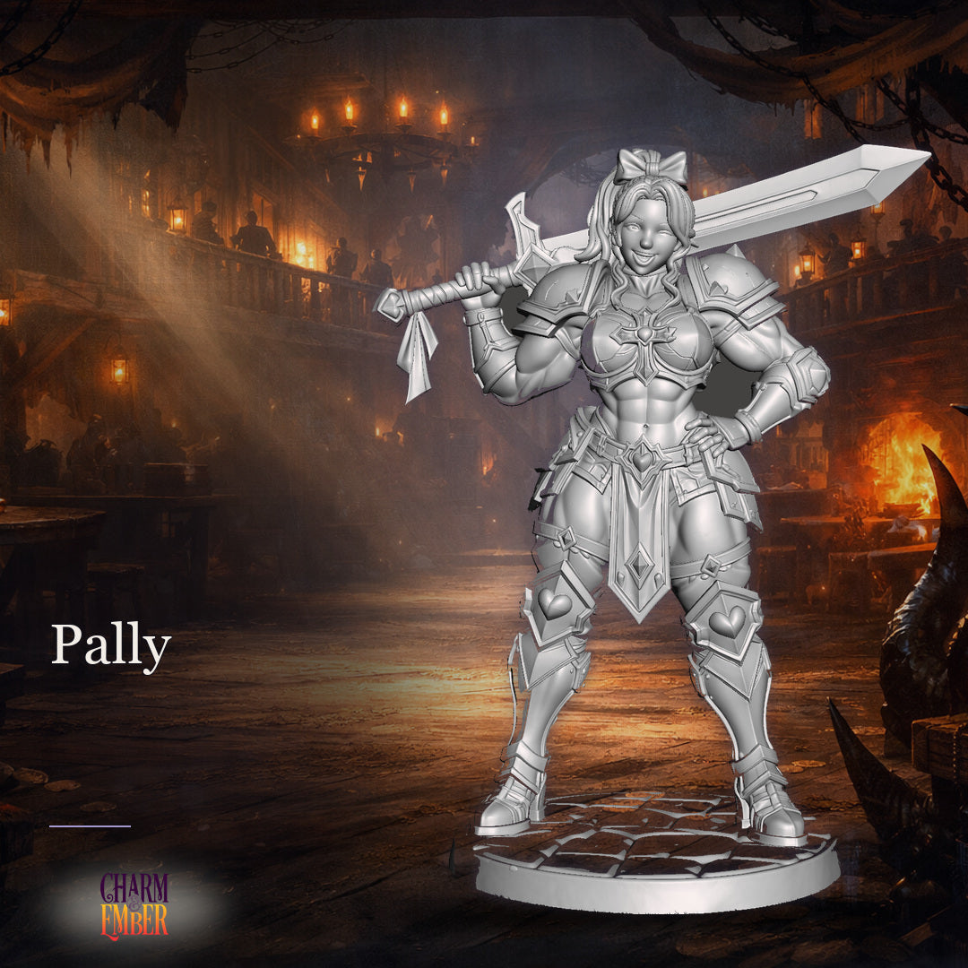 Pally tabletop miniature with muscular armored warrior with large sword, heart motifs on armor plates, UwU Fantasy Miniatures Pack, Charm & Ember