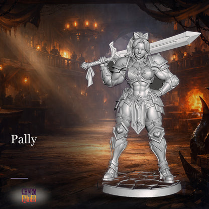 Pally tabletop miniature with muscular armored warrior with large sword, heart motifs on armor plates, UwU Fantasy Miniatures Pack, Charm & Ember