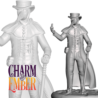 Sinister-looking plague doctor holding a vial