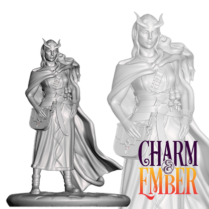 Miniature of a female tiefling alchemist or apothecary with potion bottles and a leather satchel.