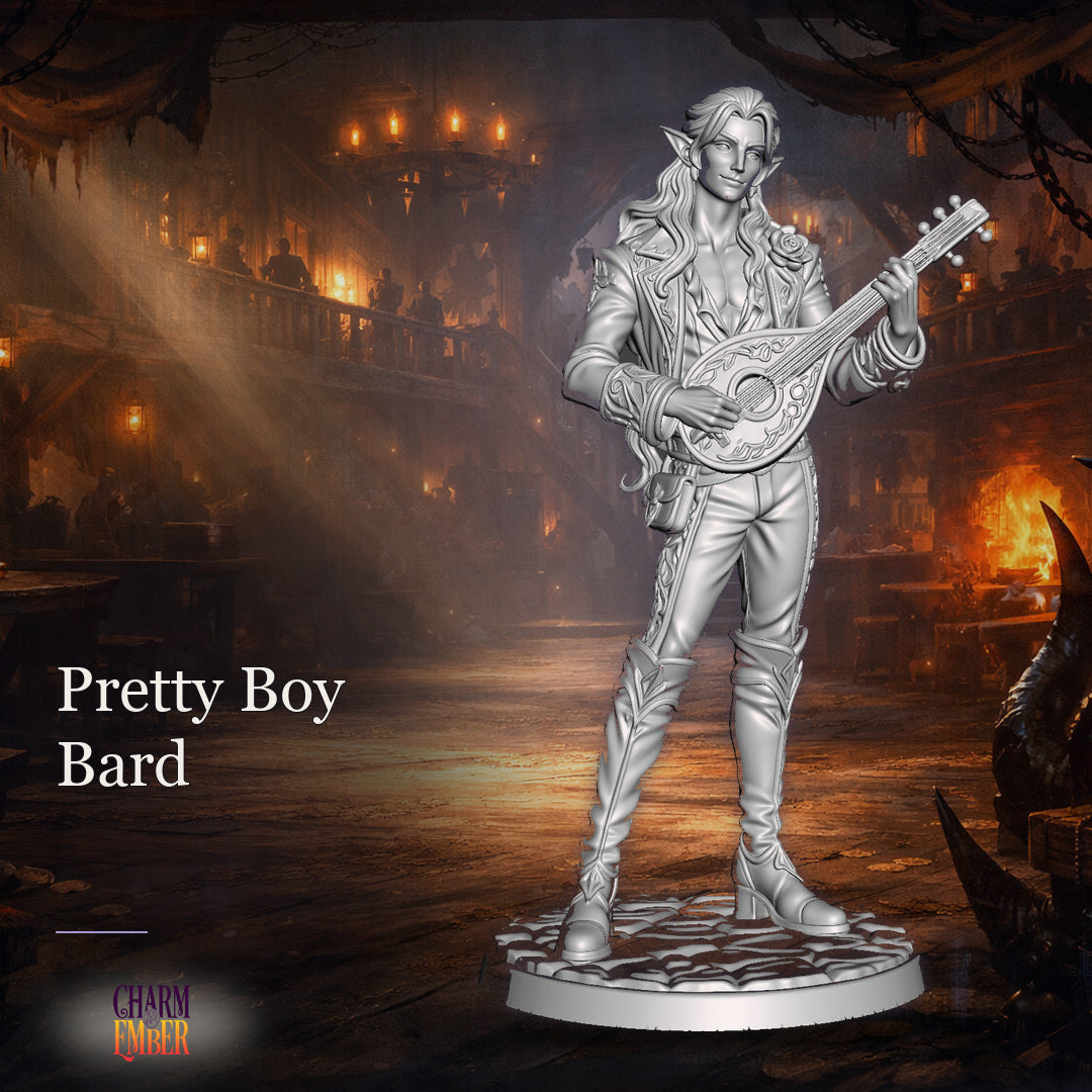 Pretty Boy Bard tabletop miniature with long wavy hair, pointed ears, decorative lute, ornate jacket with floral details, UwU Fantasy Miniatures Pack, Charm & Ember