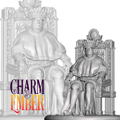 King with crown and fur-lined robe on detailed throne
