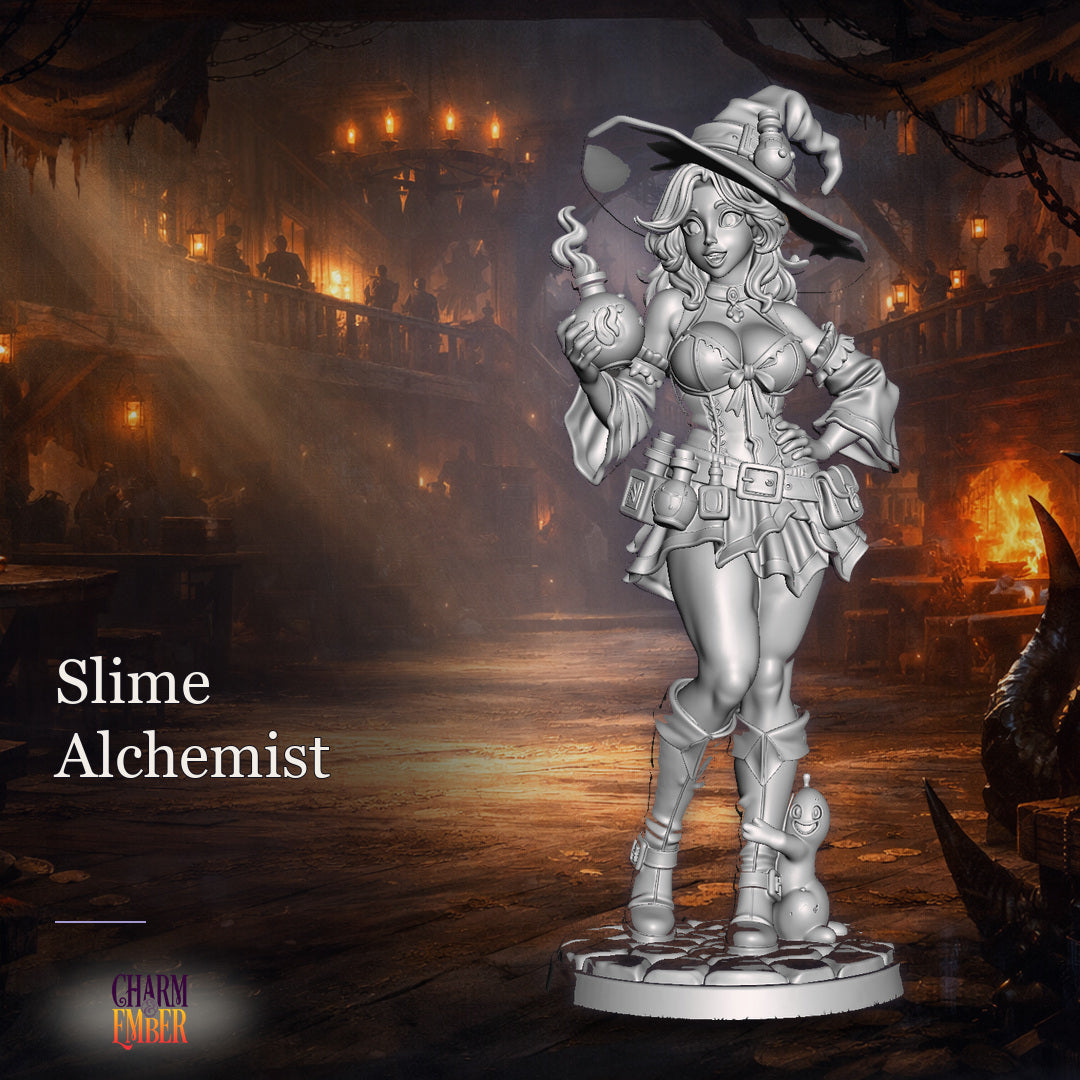 Slime Alchemist tabletop miniature with wide-brimmed witch hat with a buckle and potion bottle, corset with bow and detailed lacing, UwU Fantasy Miniatures Pack, Charm & Ember