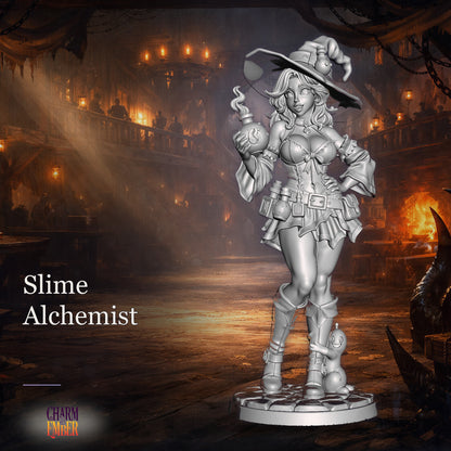 Slime Alchemist tabletop miniature with wide-brimmed witch hat with a buckle and potion bottle, corset with bow and detailed lacing, UwU Fantasy Miniatures Pack, Charm & Ember
