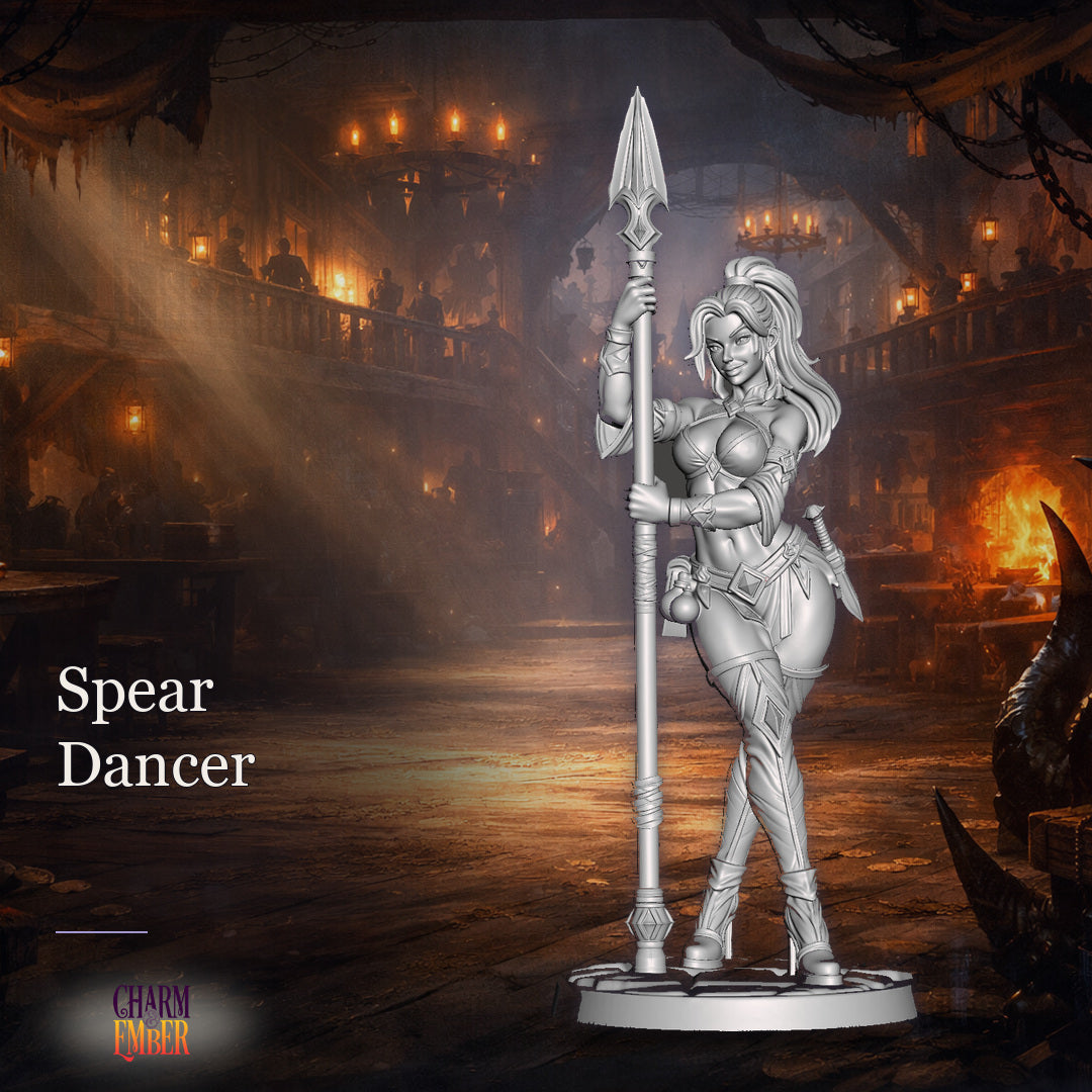 Spear Dancer tabletop miniature with ornate spear, high ponytail hairstyle, dagger sheathed at hip, UwU Fantasy Miniatures Pack, Charm & Ember