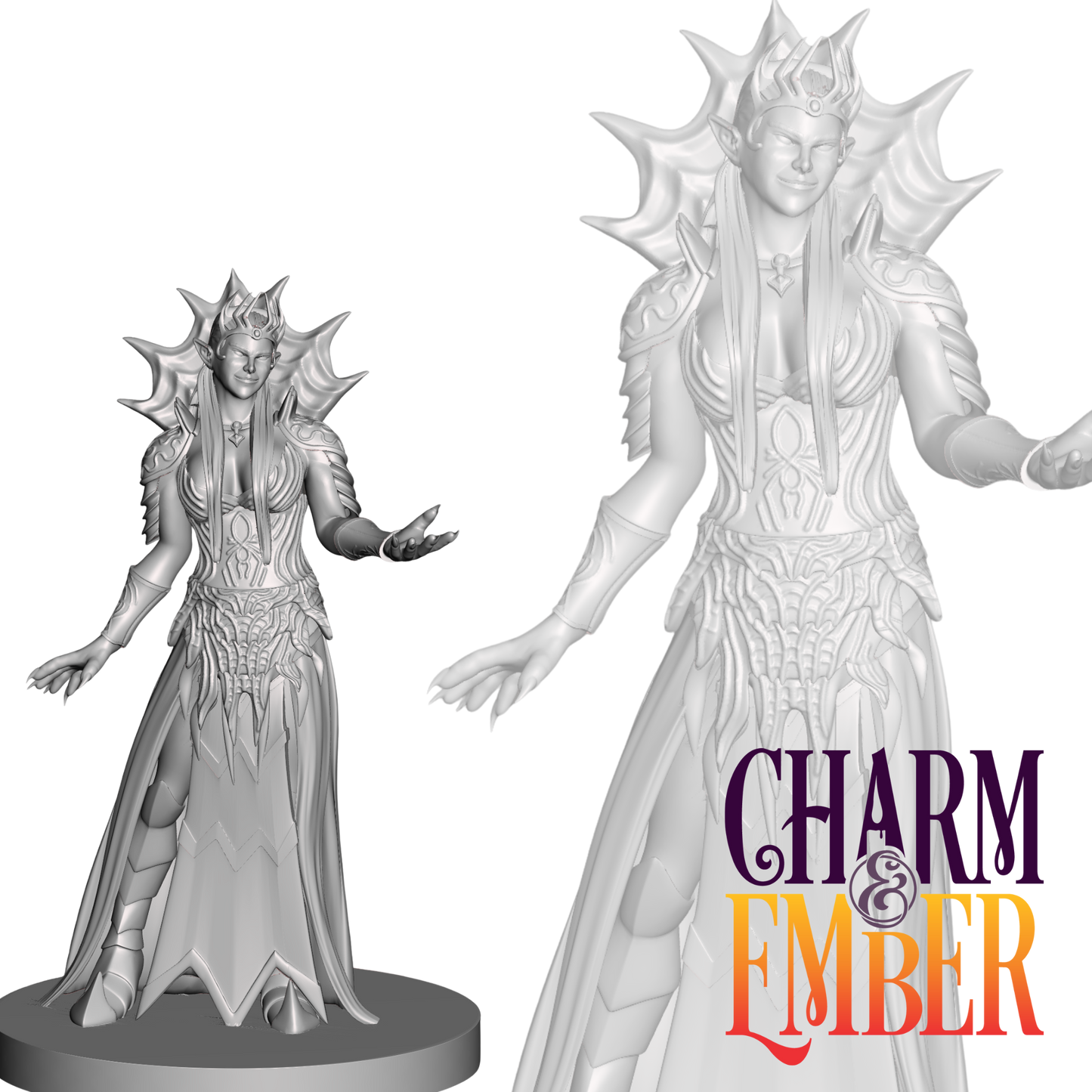 A sinister demon queen with shoulder spikes, long flowing robes, and a confident expression