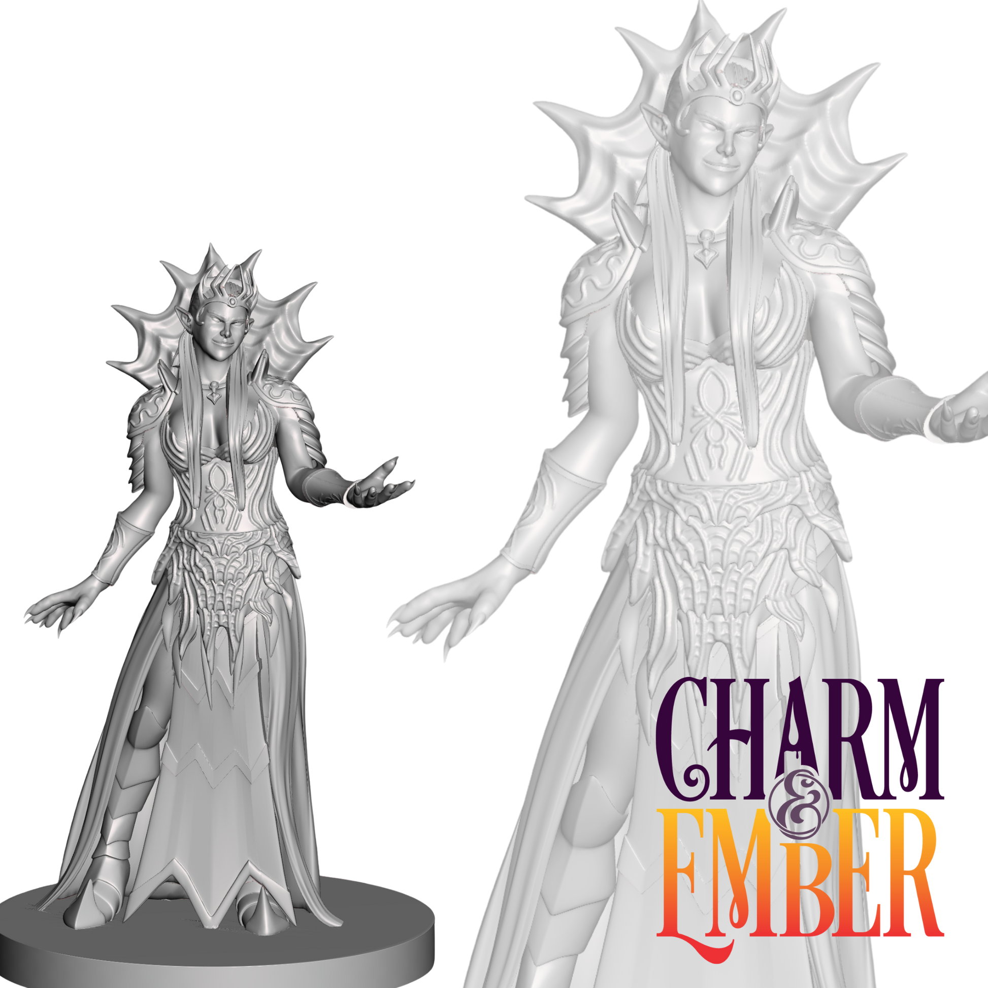 A sinister demon queen with shoulder spikes, long flowing robes, and a confident expression