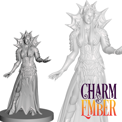 A sinister demon queen with shoulder spikes, long flowing robes, and a confident expression