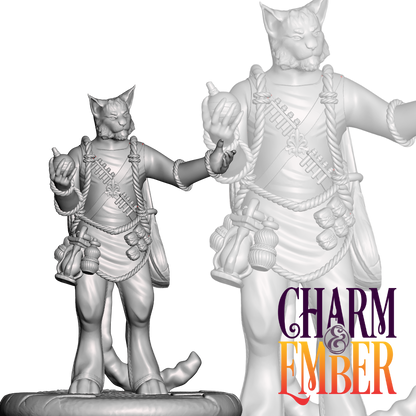 Tabaxi merchant holding potions and laced with rope-wrapped wares