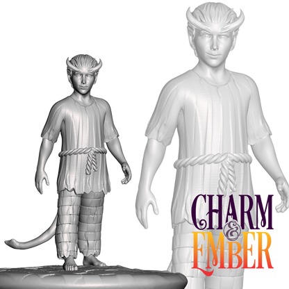 Tiefling villager child, barefoot with a rope belt and humble clothing