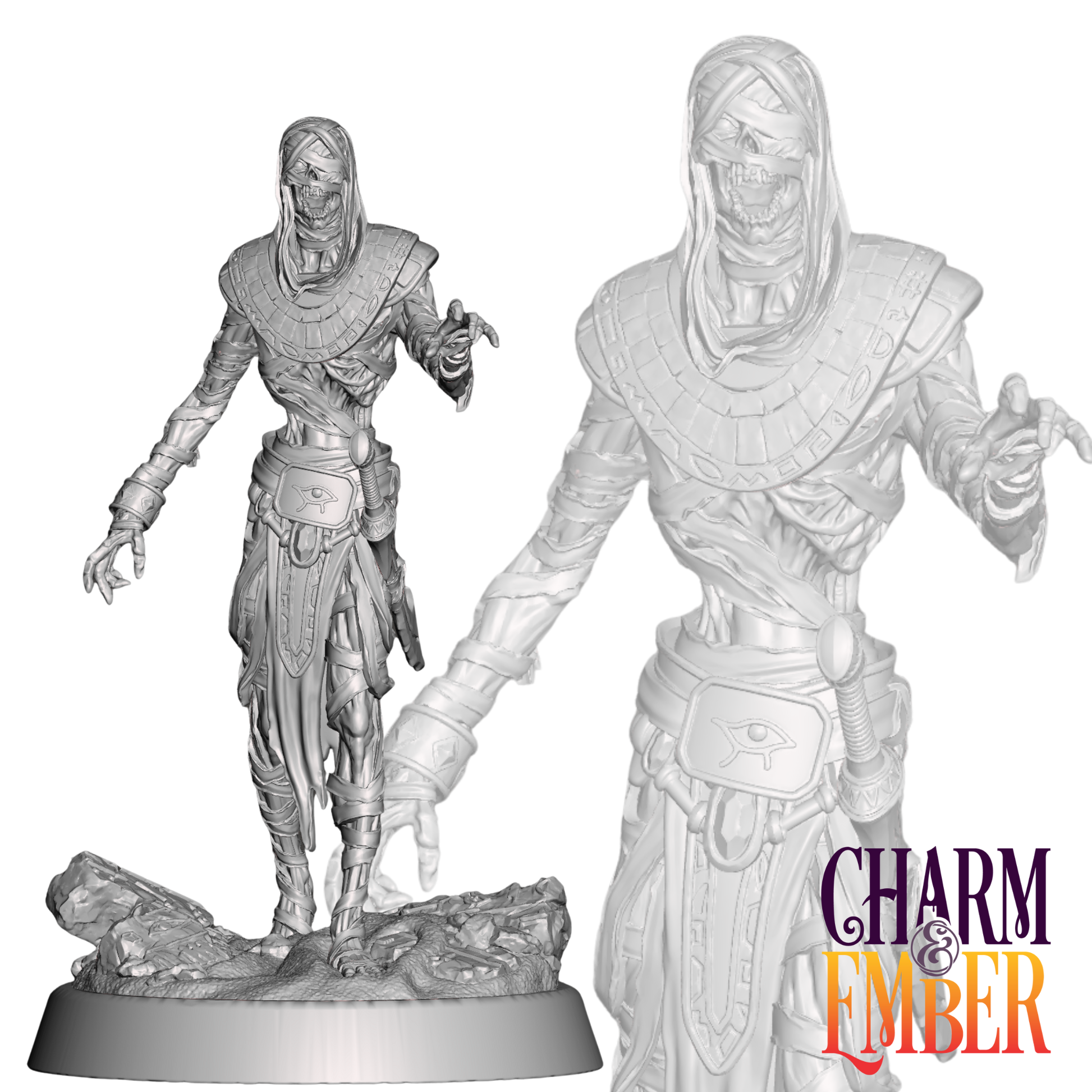 An undead spellcaster rises from the sands, ancient power crackling in his withered hands