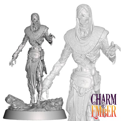 An undead spellcaster rises from the sands, ancient power crackling in his withered hands