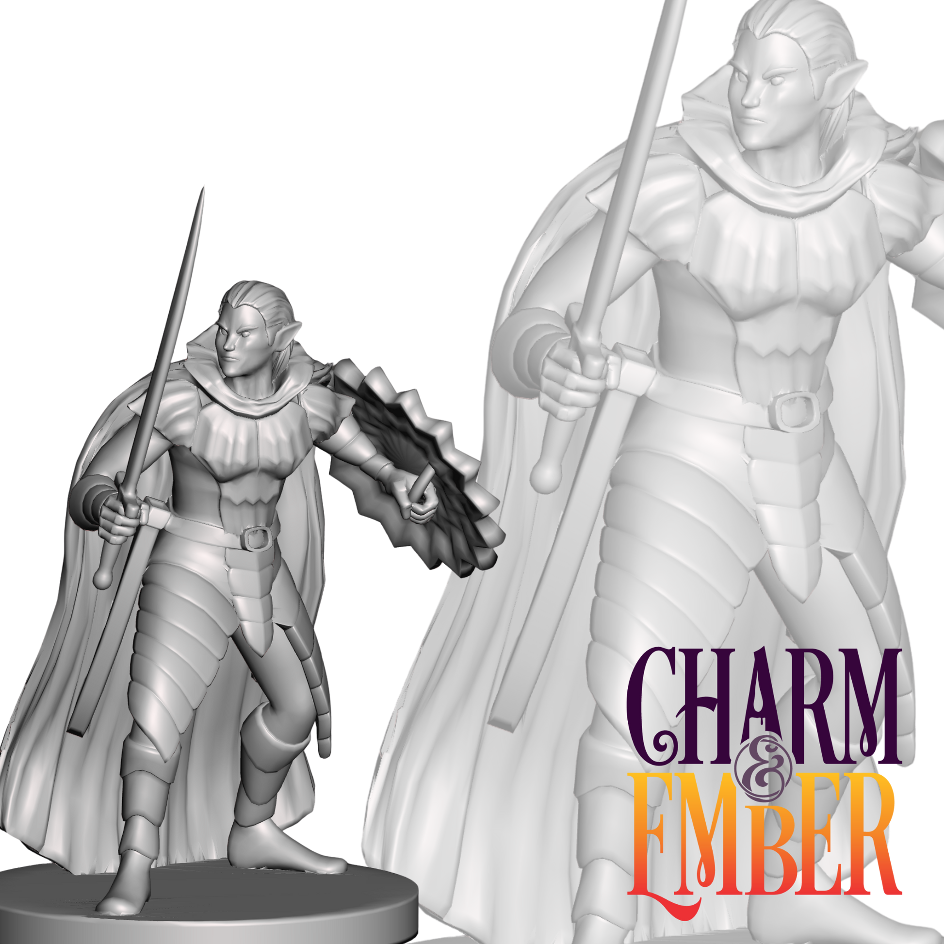 Drow elf guard standing poised with sword raised and shield ready for battle