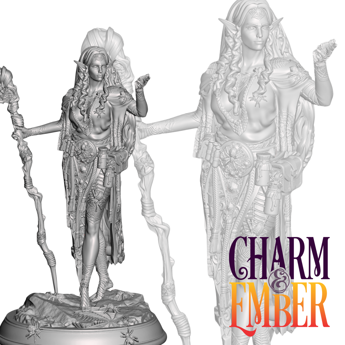 Drow priestess miniature with ornate staff and spider-themed armor